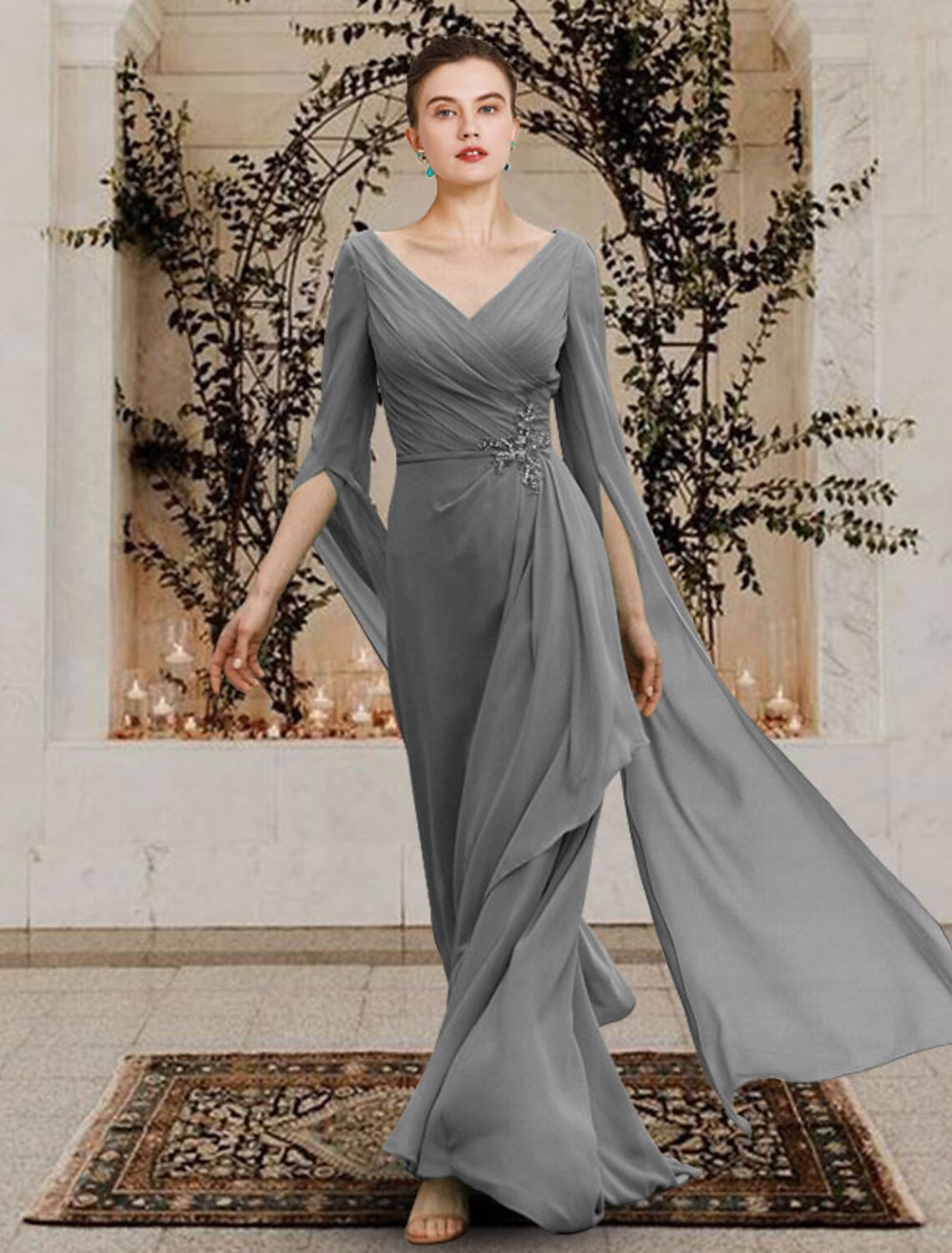 Sequin Sheath/Column V-Neck Floor-Length Mother of the Bride & Groom Dresses with Ruched Bodice main image 1