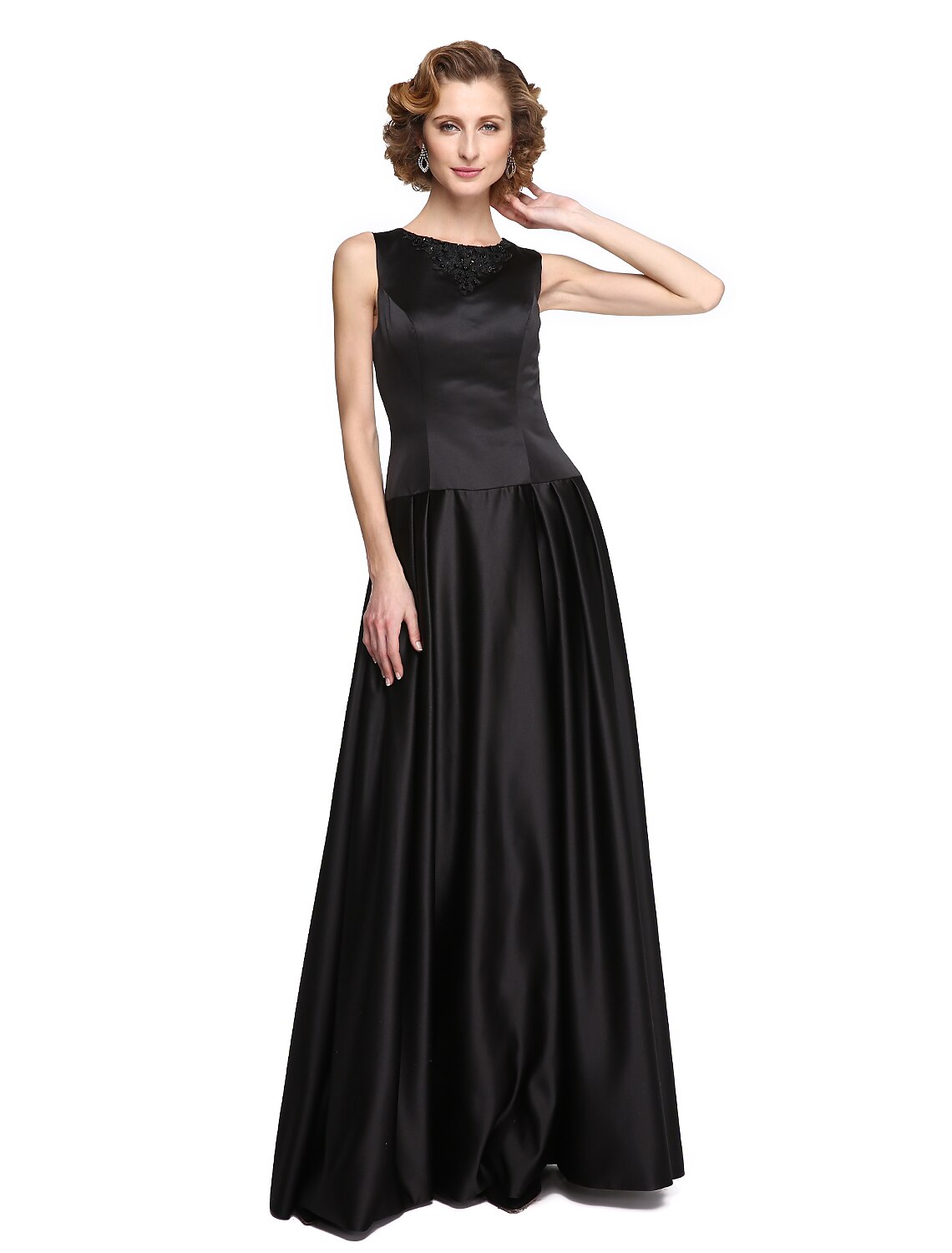 A-Line Jewel Neck Floor Length Stretch Satin Mother of the Bride Dress with Beading / Appliques / Draping