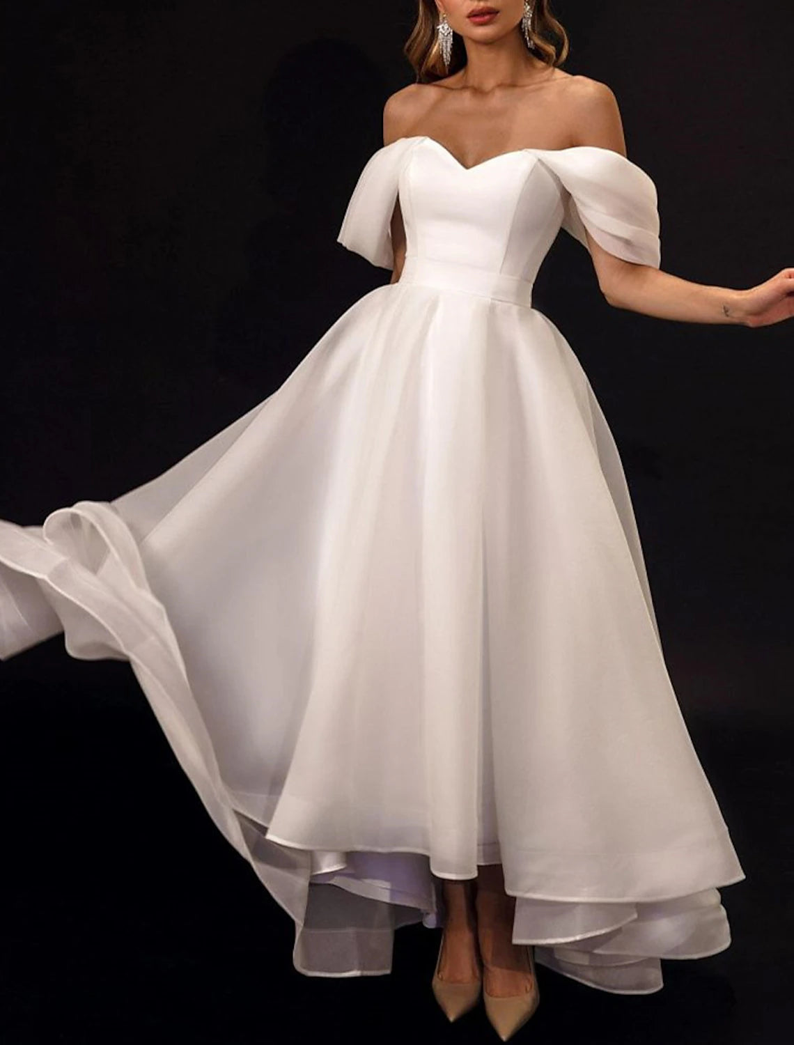 Reception Little White Dresses Wedding Dresses A-Line Off Shoulder Cap Sleeve Asymmetrical Organza Bridal Gowns With Solid Color