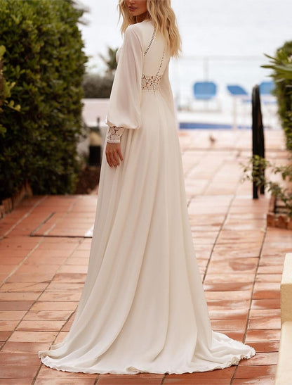 Casual Boho Wedding Dresses A-Line Boat Neck Long Sleeve Floor Length Chiffon Bridal Gowns With Embroidery Solid Color