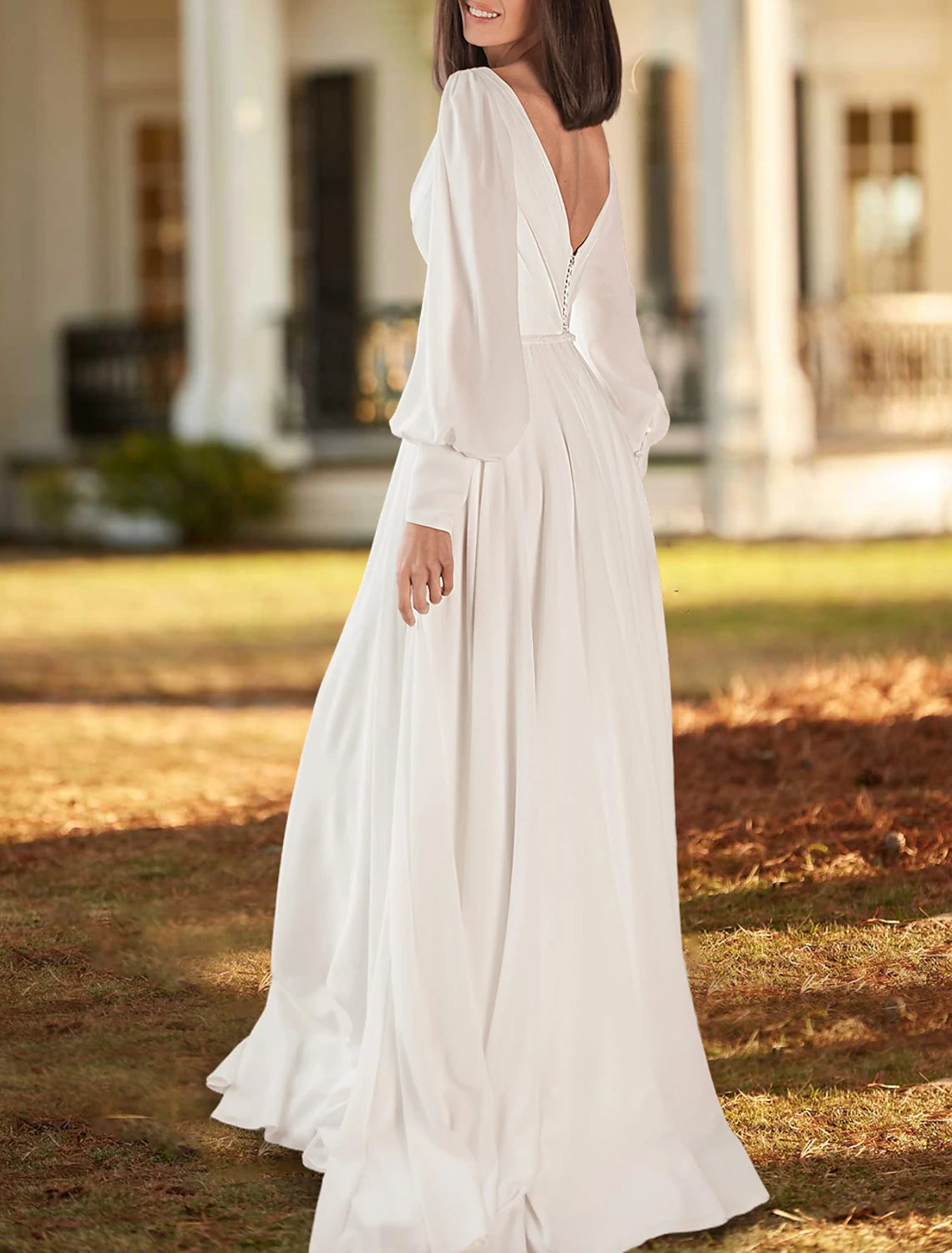 Simple Wedding Dresses A-Line V Neck Long Sleeve Sweep / Brush Train Chiffon Bridal Gowns With Pleats