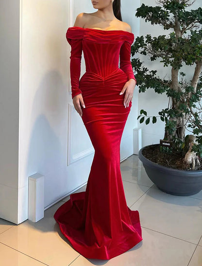 Mermaid / Trumpet Evening Gown Corsets Dress Formal Red Green Dress Sweep / Brush Train Long Sleeve Off Shoulder Velvet with Ruched