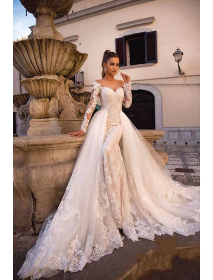 Engagement Formal Wedding Dresses Two Piece Sweetheart Long Sleeve Court Train Lace Bridal Gowns With Appliques