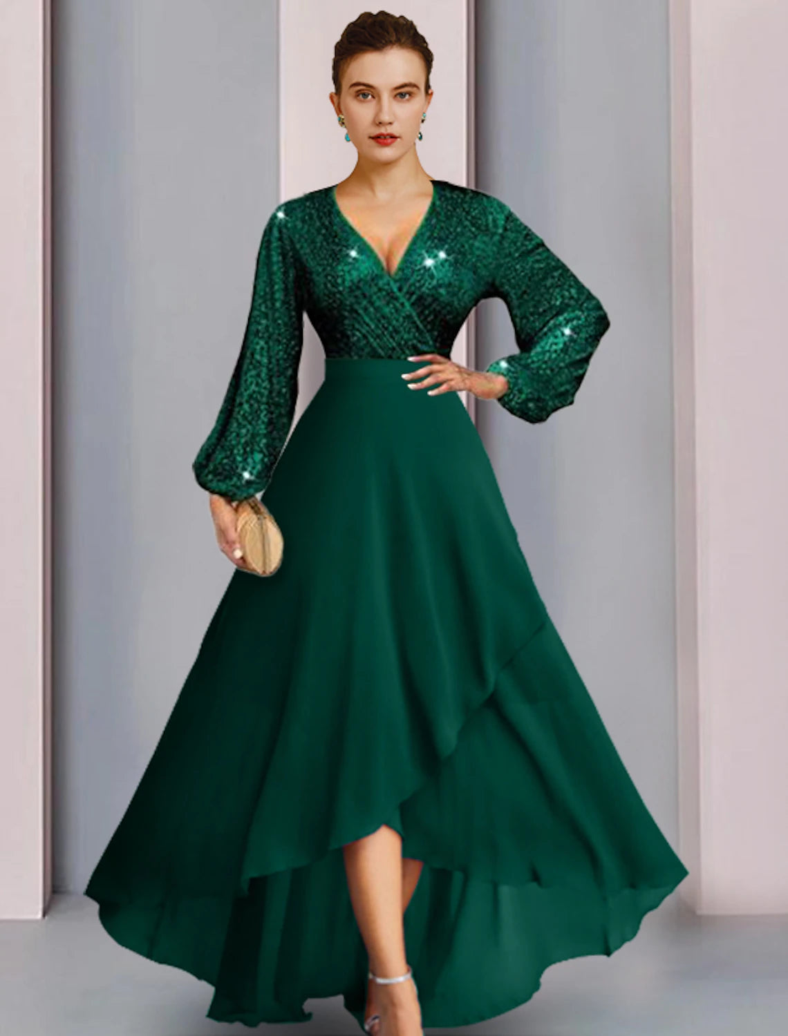 Sheath / Column Mother of the Bride Dress Wedding Guest Elegant Sparkle & Shine V Neck Asymmetrical Chiffon Sequined Long Sleeve with Pleats Solid Color