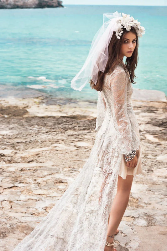 Spanish Summer Long Sleeve A-Line Lace Boho Beach Appliques Wedding Dresses