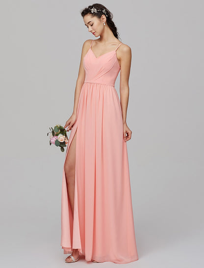 A-Line Spaghetti Strap Floor Length Chiffon Bridesmaid Dress with Criss Cross / Split Front