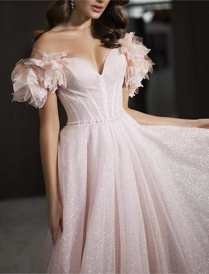 A-Line Prom Dresses Glittering Dress Prom Birthday Floor Length Sleeveless Off Shoulder Tulle with Glitter Crystals
