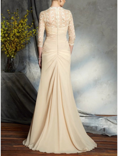 A-Line Mother of the Bride Dress Wedding Guest Elegant V Neck Sweep / Brush Train Chiffon Half Sleeve with Lace Ruching