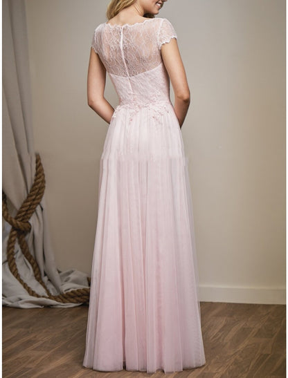 A-Line Bridesmaid Dress V Neck Short Sleeve Elegant Floor Length Tulle with Lace / Ruching