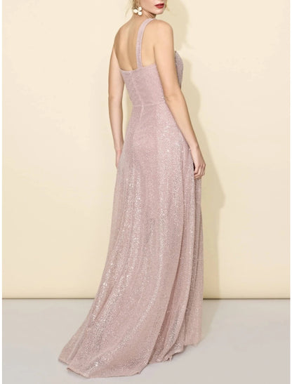 A-Line Bridesmaid Dress One Shoulder Sleeveless Elegant Sweep / Brush Train Sequined with Split Front / Ruching