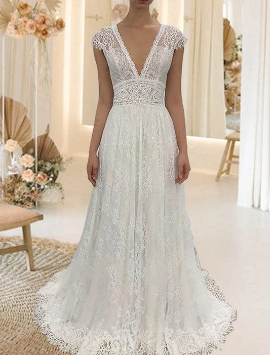 Beach Open Back Wedding Dresses A-Line V Neck Cap Sleeve Sweep / Brush Train Lace Bridal Gowns With Appliques