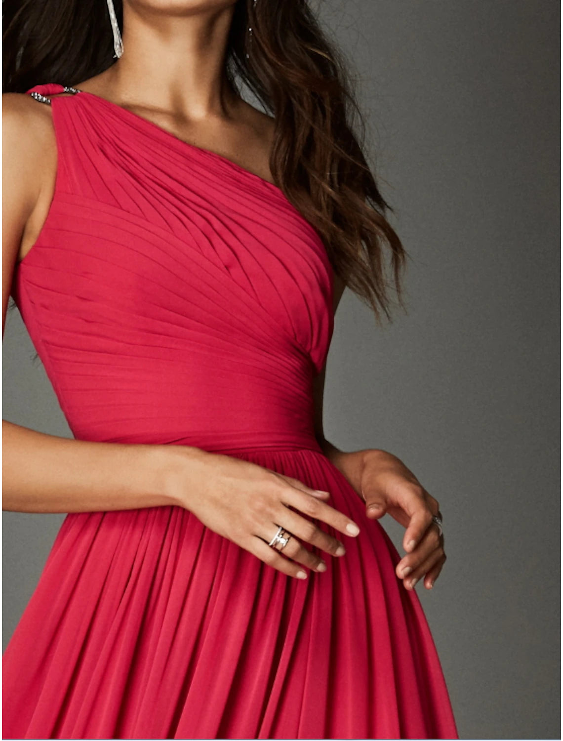 A-Line Empire Wedding Guest Formal Evening Dress Formal Red Green Dress One Shoulder Sleeveless Sweep / Brush Train Chiffon with Pleats Ruched