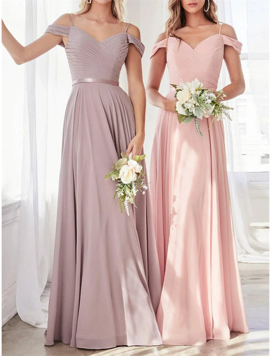 A-Line Bridesmaid Dress Off Shoulder Sleeveless Pink Floor Length Chiffon with Sash / Ribbon / Ruching