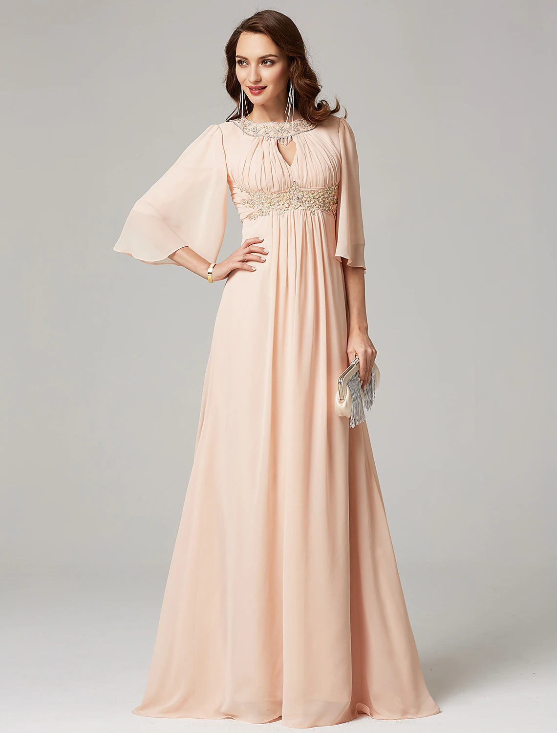 A-Line Mother of the Bride Dress Luxurious Elegant Jewel Neck Sweep / Brush Train Chiffon Half Sleeve with Pleats Beading