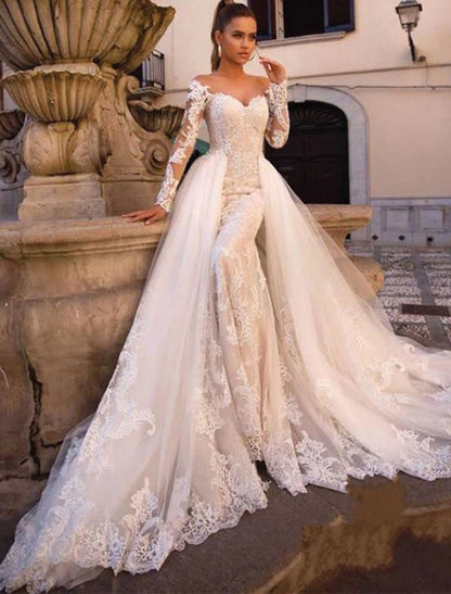 Engagement Formal Wedding Dresses Two Piece Sweetheart Long Sleeve Court Train Lace Bridal Gowns With Appliques