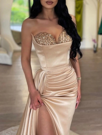 Mermaid / Trumpet Evening Gown Sparkle & Shine Dress Wedding Holiday Court Train Sleeveless Strapless Charmeuse with Ruched Slit