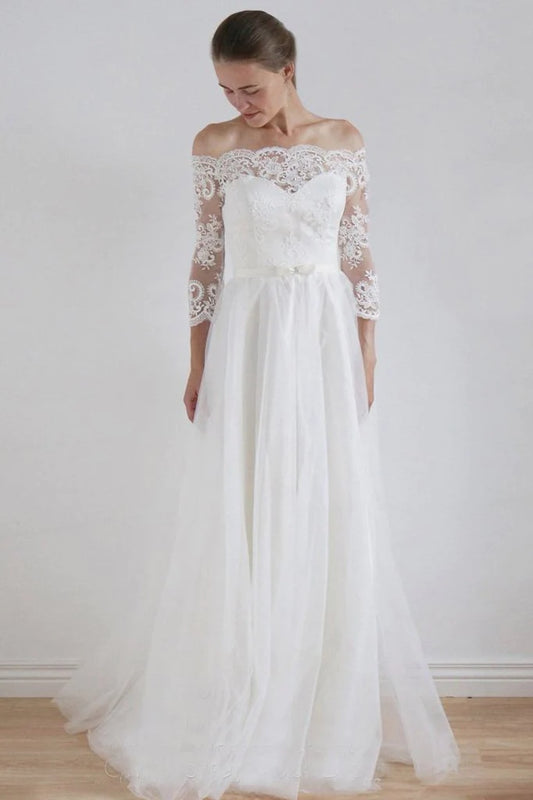 A-Line Lace Scoop 3/4 Sleeve Appliques Tulle Floor-Length White Button Wedding Dresses