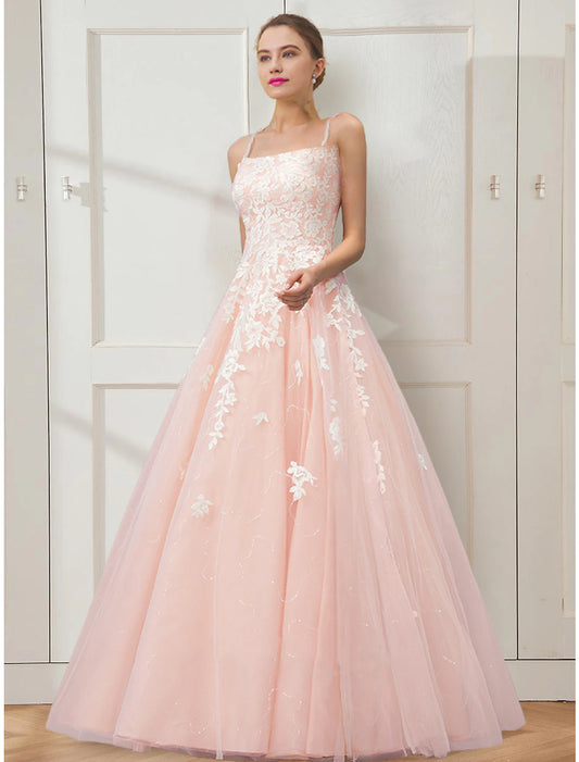 Ball Gown Prom Dresses Floral Dress Masquerade Floor Length Sleeveless Spaghetti Strap Tulle Crisscross Back with Embroidery