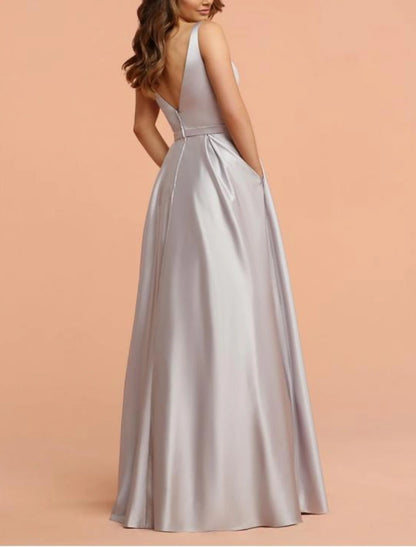 A-Line Bridesmaid Dress Straps / V Neck Sleeveless Vintage Floor Length Shantung / Jersey with Pleats / Ruffles / Ruching