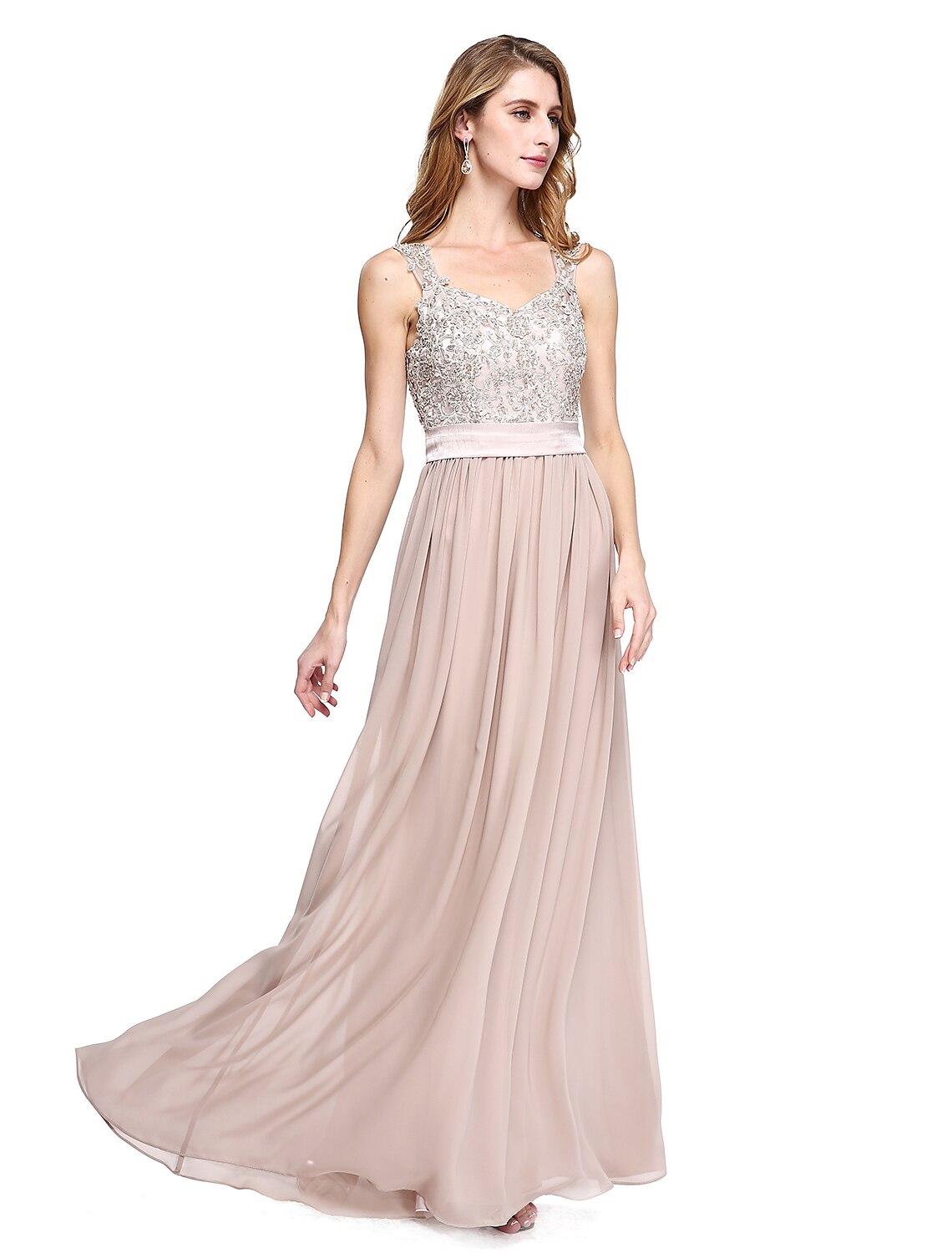 A-Line Mother of the Bride Dress Elegant Straps Floor Length Chiffon Sleeveless No with Sash / Ribbon Beading Appliques