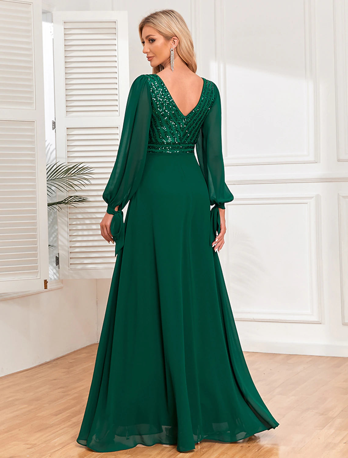 A-Line Evening Gown Empire Dress Evening Party Floor Length Long Sleeve V Neck Fall Wedding Guest Chiffon V Back with Sequin