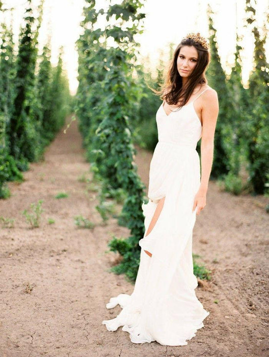 Sexy Spaghetti Straps Boho Bridal Dress with Slit V Neck Side Slit Beach Wedding Dresses