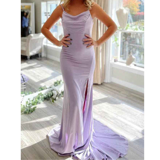 New Arrival Evening Dresses A Line Spaghetti Straps Lavender With Slit Satin Prom Dresses