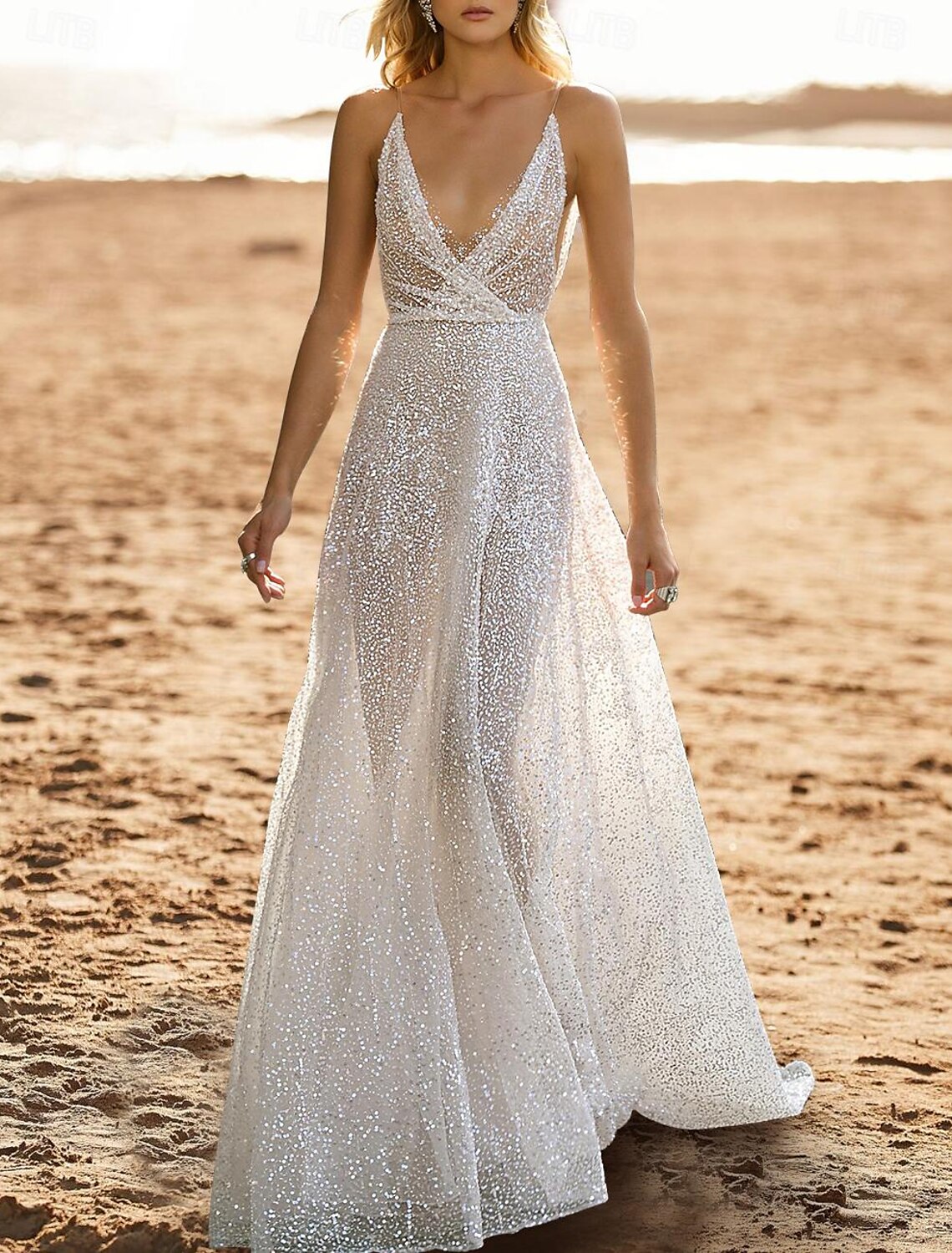 Beach Open Back Casual Wedding Dresses A-Line Camisole V Neck Sleeveless Sweep / Brush Train Sequined Bridal Gowns With Beading