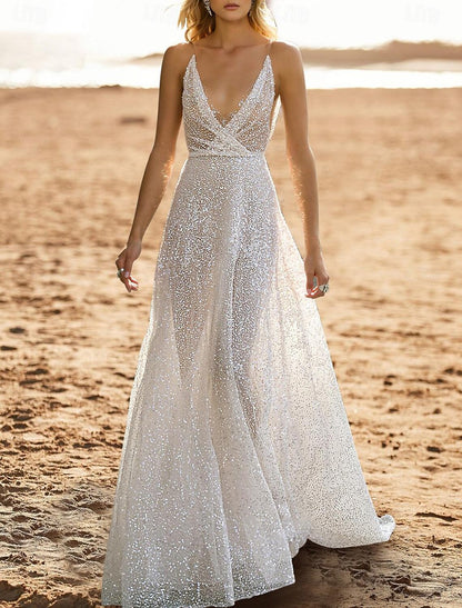 Beach Open Back Casual Wedding Dresses A-Line Camisole V Neck Sleeveless Sweep / Brush Train Sequined Bridal Gowns With Beading