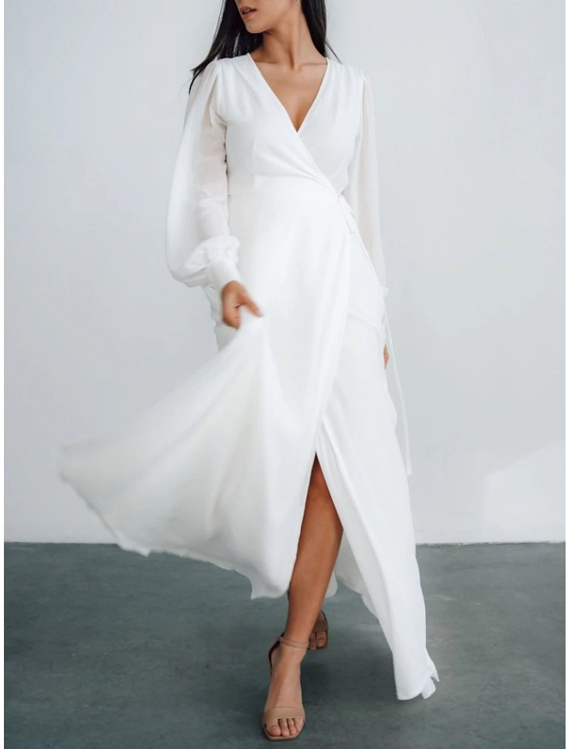 Little White Dresses Wedding Dresses A-Line V Neck Long Sleeve Ankle Length Chiffon Bridal Gowns With Pleats Split Front