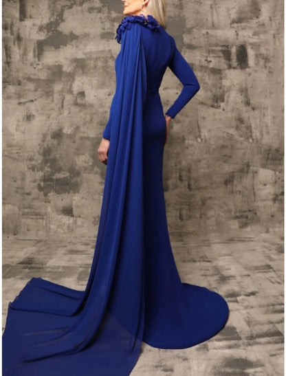 Sheath / Column Mother of the Bride Dress Wedding Guest Elegant Square Neck Court Train Stretch Chiffon Long Sleeve with Flower Solid Color