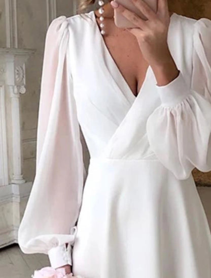 Simple Wedding Dresses Little White Dresses A-Line V Neck For Wedding Reception Lantern Sleeve Ankle Length Chiffon Bridal Shower Gowns With Solid Color