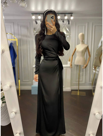 Sheath / Column Evening Gown Elegant Dress Wedding Guest Floor Length Long Sleeve High Neck Bridesmaid Dress Satin with Ruched