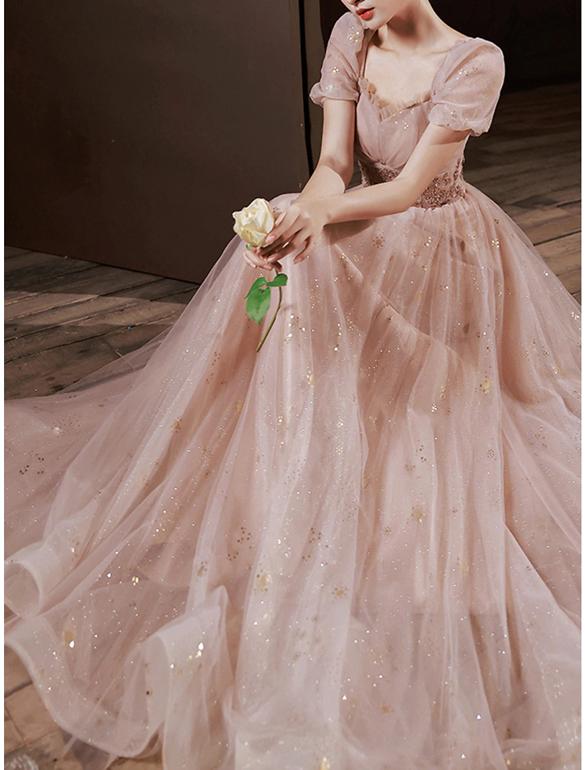 A-Line Prom Dresses Elegant Dress Engagement Prom Floor Length Half Sleeve Square Neck Satin with Appliques
