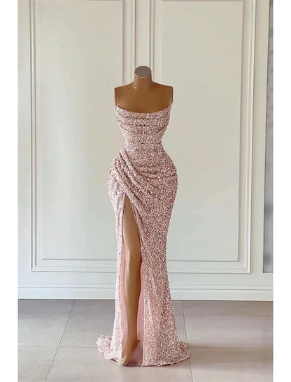 Sheath / Column Prom Dresses Elegant Dress Formal Prom Floor Length Sleeveless Strapless Sequined with Glitter Sequin