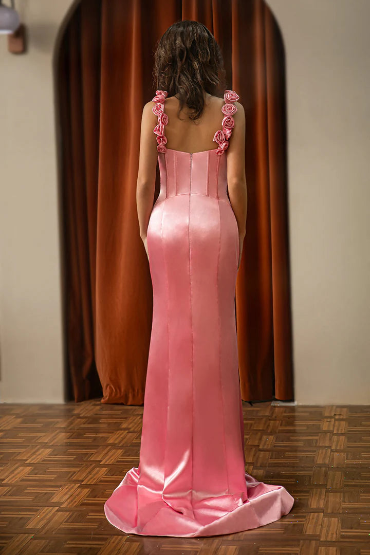 Flower shoulder strap satin slim fit backless Prom dress