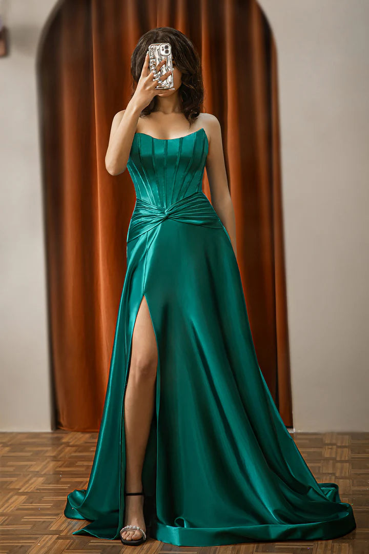 A-Line slit strapless satin Sweet Train Prom dress