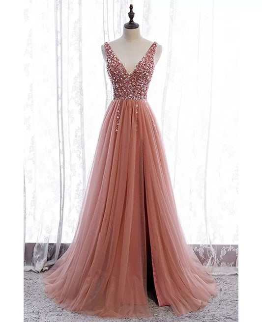 High end pink deep V-neck sleeveless beaded sequin ball dress with pink A-line/princess slit front to ground/long ruffled edge backless evening dress