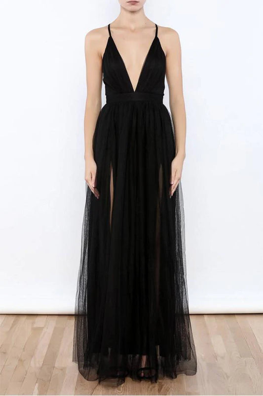 Mature black V-neck side slit sheer thin shoulder strap backless evening dress