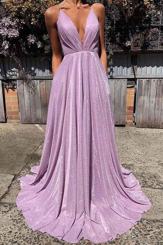 Sexy Deep V-neck Backless Prom Dresses Sparkly Long Prom Dresses