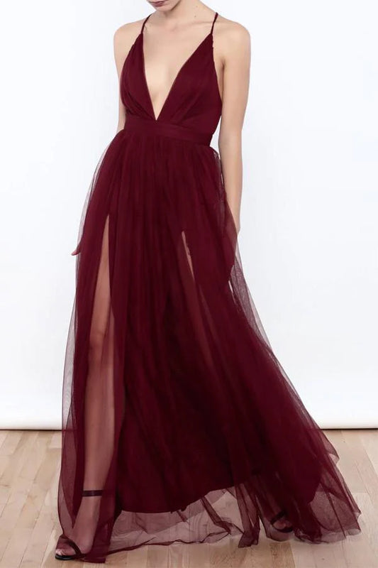 Sexy Deep V Neck Tulle High Slit Burgundy Prom Dresses Evening Dresses