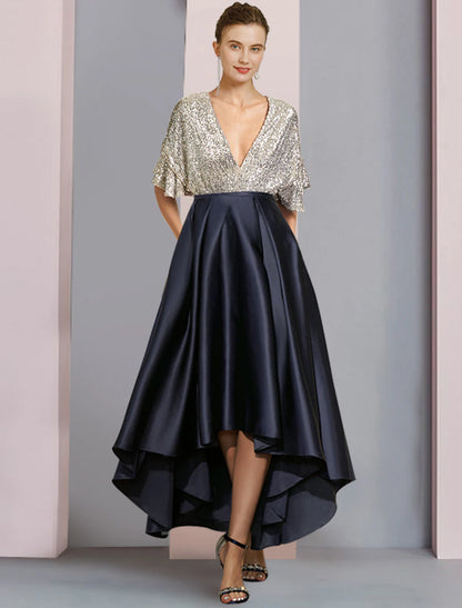 A-Line Mother of the Bride Dress Wedding Guest Elegant Sparkle & Shine High Low V Neck Asymmetrical Tea Length Satin Sequined Short Sleeve with Pleats