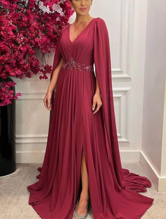 A-Line Mother of the Bride Dress Formal Wedding Guest Elegant V Neck Sweep / Brush Train Chiffon Sleeveless with Pleats Split Front Crystal Brooch