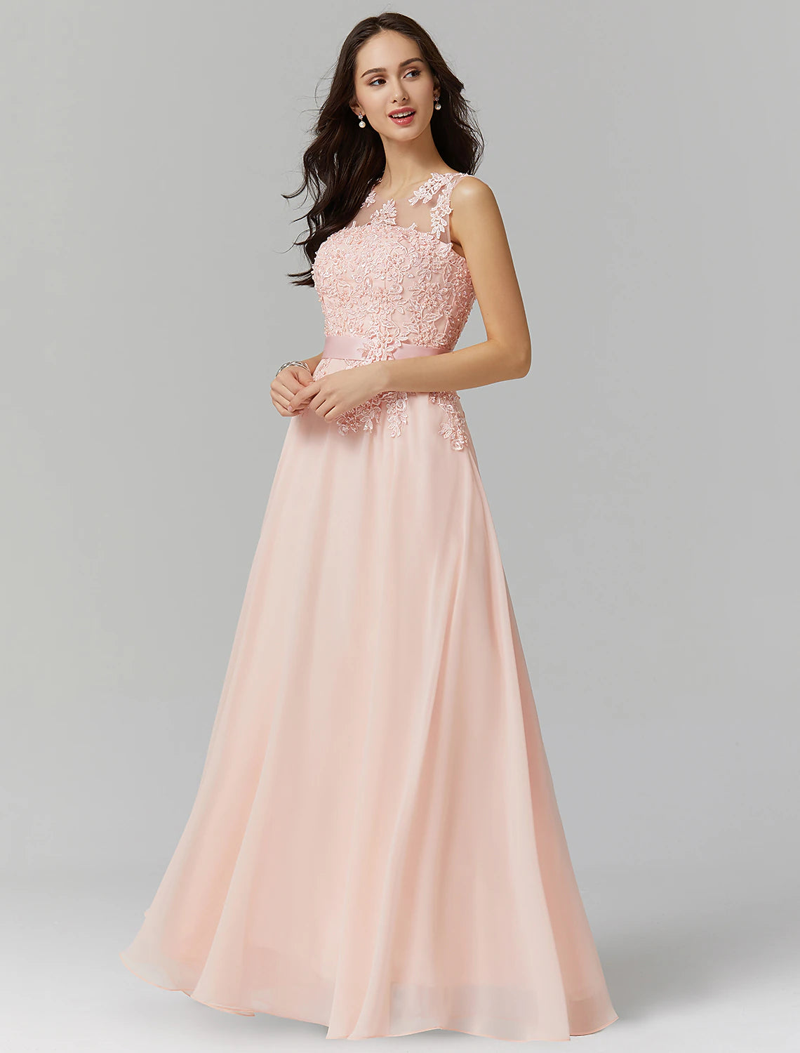 A-Line Evening Gown High Waisted Prom Dress Bridesmaid Wedding Guest Chiffon Floor Length Sleeveless Illusion Neck Georgette with Appliques