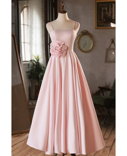 Elegant and minimalist red pink sticker sleeveless off shoulder ball dress with red pink A-line princess thin shoulder strap and backless strap, ground length bridesmaid dress