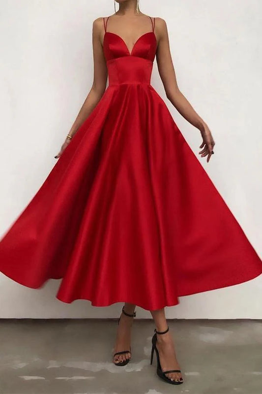 Simple V Neck Satin Burgundy Tea Length Evening Dresses