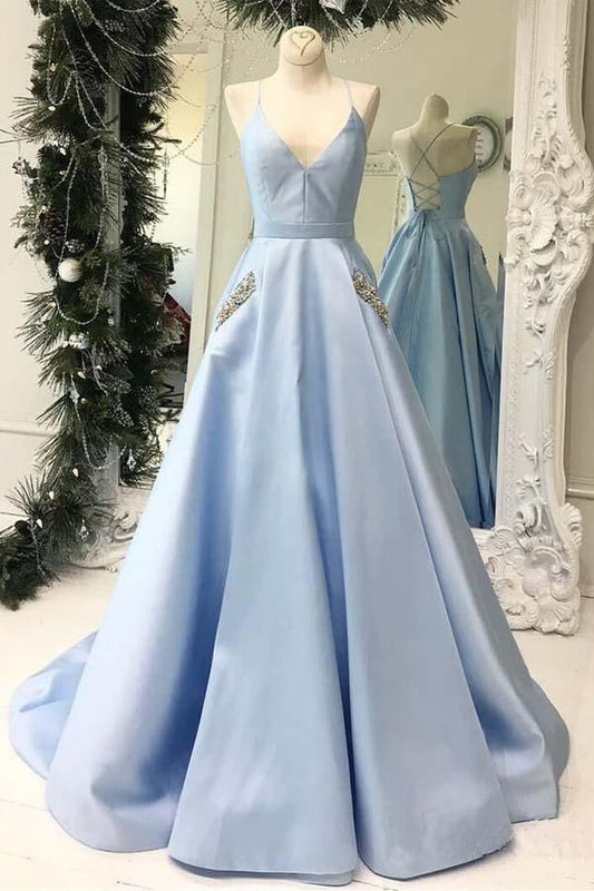 Simple V Neck Sky Blue Satin Long Prom Dresses with Pocket