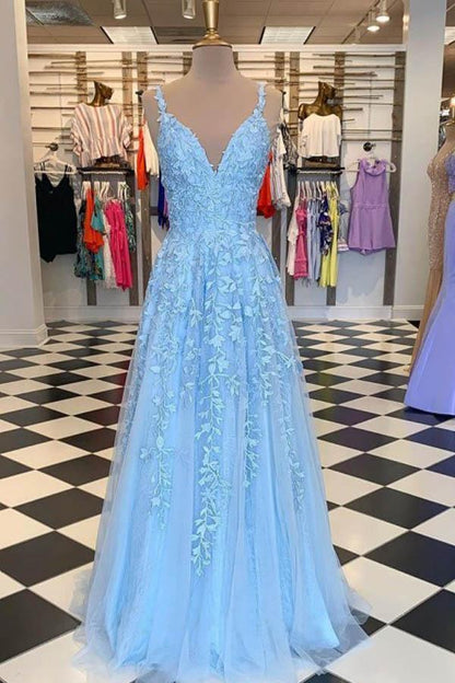 Sky Blue Lace Prom Dresses Long V Neck Rose Red Formal Dress