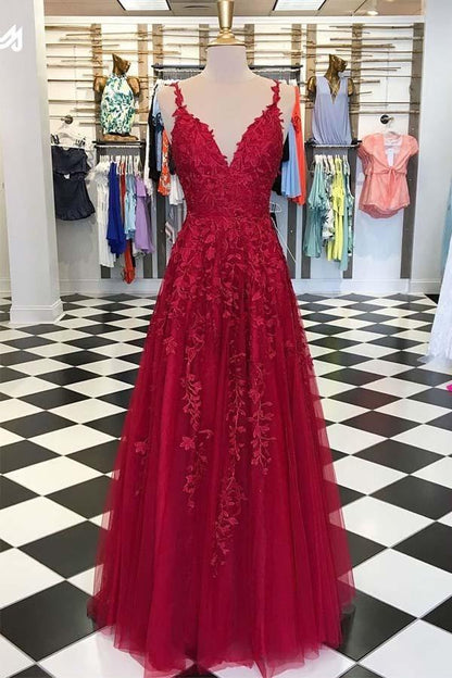 Sky Blue Lace Prom Dresses Long V Neck Rose Red Formal Dress