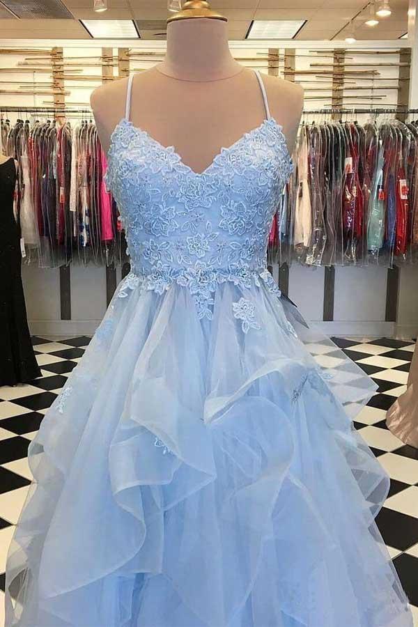 Sky Blue Ruffle Skirt Prom Dresses Spaghetti Strap Junior Prom Dress